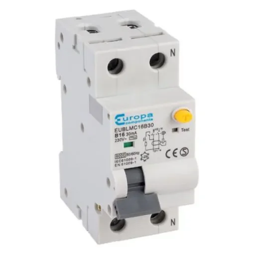 Europa RCBO, 16A Current Rating, 2P Poles, 30mA Trip Sensitivity, Type A, EUBLMC Range - EUBLMC16B30A product image
