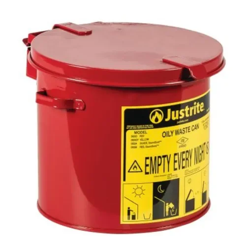 Justrite Safety Cans 8L Red Hinged Steel Oily Waste Can - JCN09200RD product image