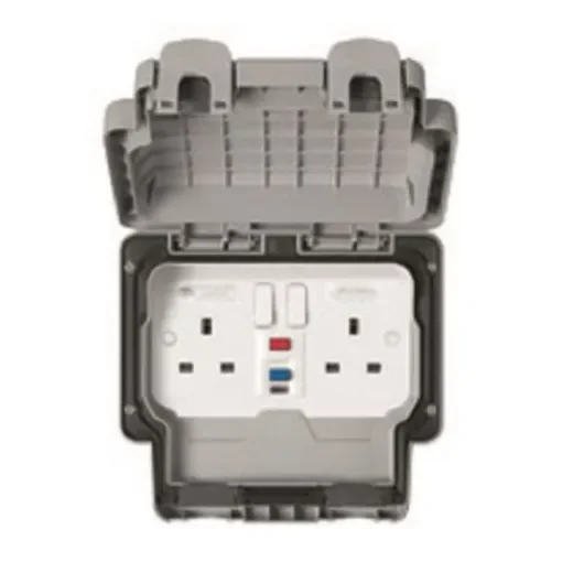 MK Electric 30mA, BS Fixing, Passive, 2 Gang RCD Socket, Polycarbonate, Wall Mount , Switched, IP66 , Outdoor, 240 V, - K56233GRY product image