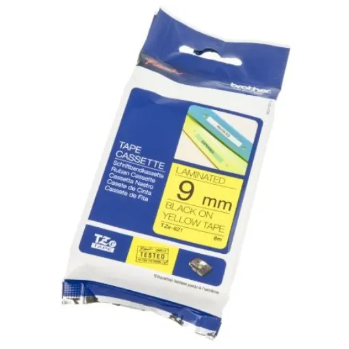 Brother Black on Yellow Label Printer Tape, 8 m Length, 9 mm Width - TZe-621 product image