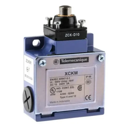 Telemecanique Sensors OsiSense XC Series Plunger Limit Switch, NO/NC, IP66, DP, Zinc Alloy Housing, 240V ac Max, 10A Max - XCKM110 product image