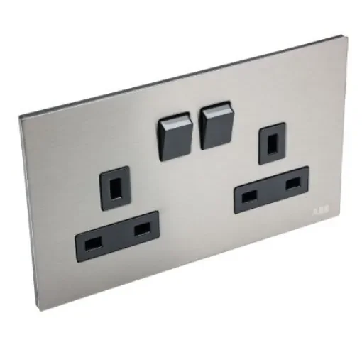 ABB Stainless Steel 2 Gang Plug Socket, 2 Poles, 13A, BS 1363 - 2CLA643719N1101 AM239147-S product image
