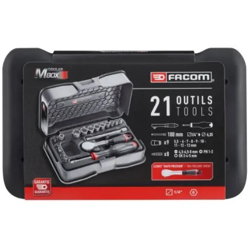 Facom 21-Piece Metric 1/4 in Standard Socket/Bit Set with Ratchet, 6 point - R.181-4P6PB product image