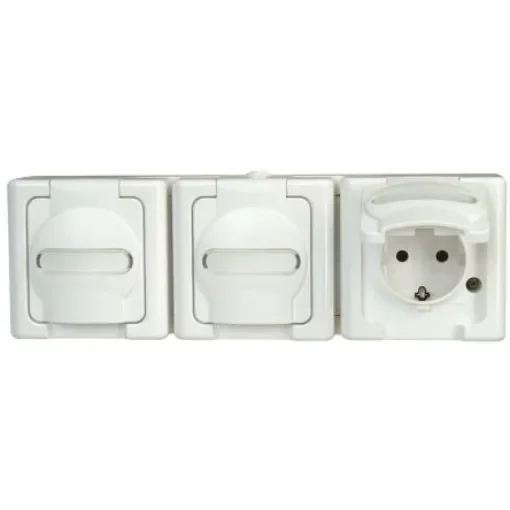 Kopp White 3 Gang Plug Socket, 2+E Poles, 16A, Type F - German Schuko, Outdoor Use - 1313.0200.6 product image