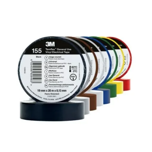 3M Temflex 155 Black, Blue, Brown, Green, Grey, Orange, Red, White, Yellow, Yellow/Green Vinyl Electrical Tape, 19mm x - 3M 155 raimbow 19mm x 20m product image