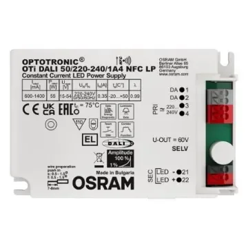 Osram LED Driver, 15-54V Output, 55W Output, 600-1400mA Output, Constant Current Dimmable - OTI-DALI-50/220-240/1A4-NFC-LP product image