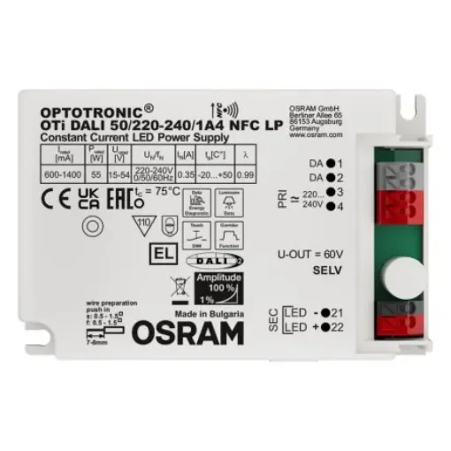Osram LED Driver, 15-54V Output, 55W Output, 600-1400mA Output, Constant Current Dimmable - OTI-DALI-50/220-240/1A4-NFC-LP product image