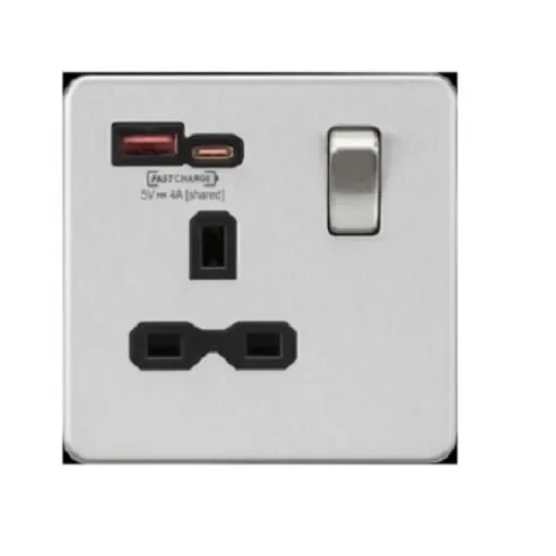 Knightsbridge Brushed Chrome 1 Gang 13A and USB Socket, 1 Pole, 13A, Type G - British, USB, Indoor Use - SFR9919BC product image