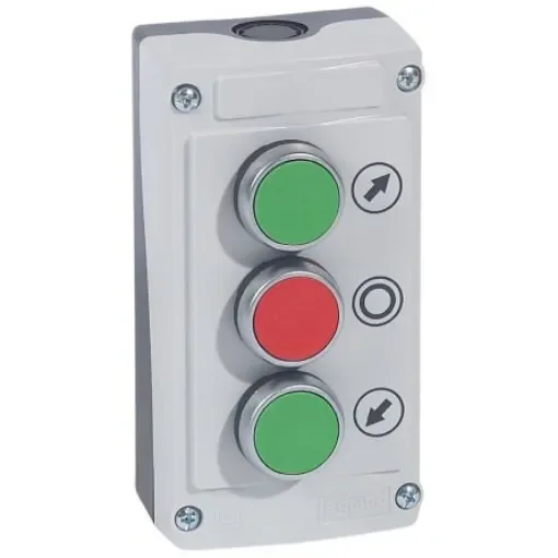 Legrand Push Button Control Station - SPST, SPST, Plastic, 3 Cutouts, Green, Red, Down Arrow, O, Up Arrow, IP66 - 0 242 36 product image