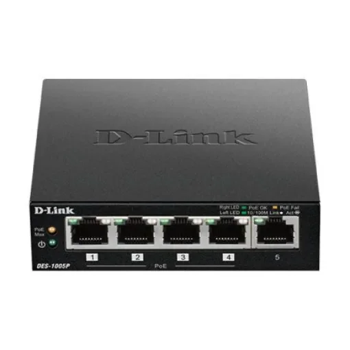 D-Link 5-Port Fast Ethernet PoE Unmanaged Desktop Switch, Unmanaged 5 Port Ethernet Switch With PoE EU - DES-1005P/E product image