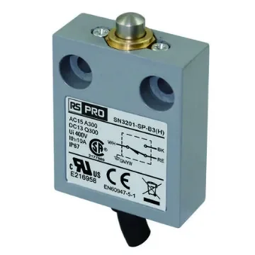 RS PRO Plunger Limit Switch, 1NC/1NO, IP67, SPDT, Zinc Alloy Housing, 240V ac ac Max, 3A Max - 2695432 product image