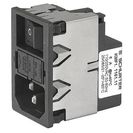 Schurter 2A, 250 V ac Male Panel Mount, Snap In Mount IEC Inlet Filter 2 Pole KMF1.1221.11, Quick Connect 1 Fuse product image