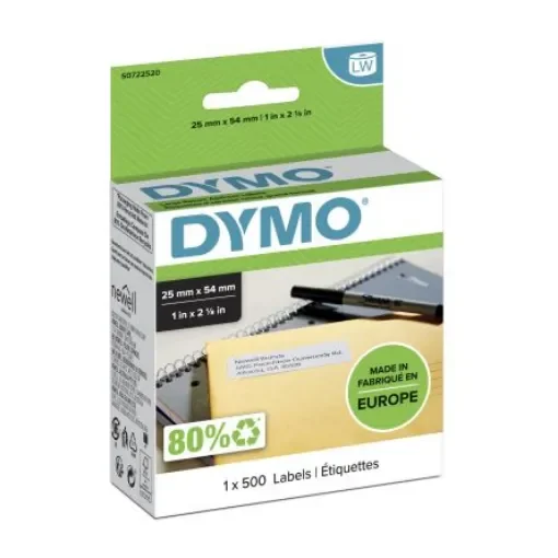 Dymo White Black Print Label Roll, 25mm Width, 54mm Height, 500Per Roll Qty - S0722520 product image