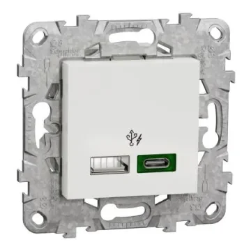 Schneider Electric White 2 Gang USB Socket, 1.5 A, 3 A, USB A, USB C, Indoor Use - NU501318 product image