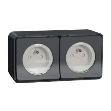 Schneider Electric Grey 2 Gang Plug Socket, 2 Poles, 16A, French 2P, Indoor, Outdoor Use - MUR36028 product image