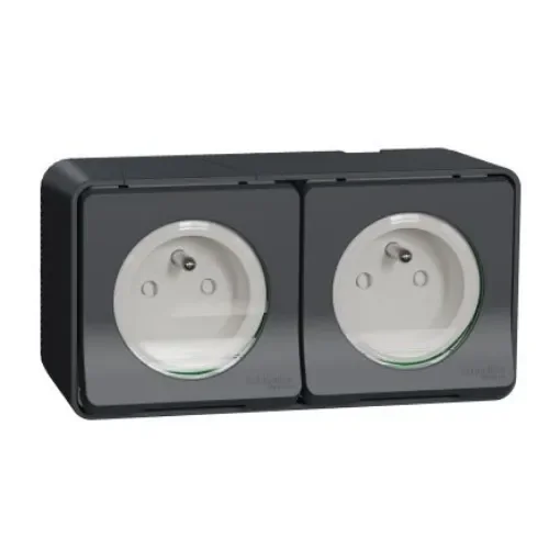 Schneider Electric Grey 2 Gang Plug Socket, 2 Poles, 16A, French 2P, Indoor, Outdoor Use - MUR36028 product image