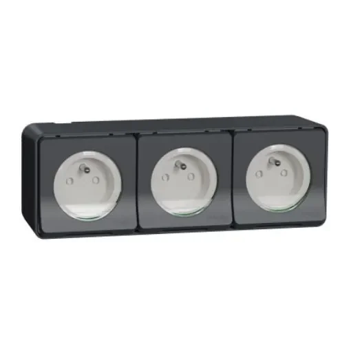 Schneider Electric Grey 3 Gang Plug Socket, 2 Poles, 16A, French 2P, Indoor, Outdoor Use - MUR36037 product image