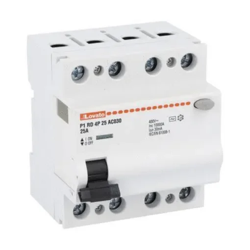 Lovato P1RD Residual Current Circuit Breaker, 25A, 4 Pole, 30mA, Type AC, 230 V ac, 400 V ac - P1RD4P25AC030 product image