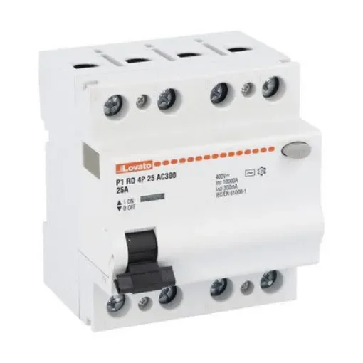 Lovato P1RD Residual Current Circuit Breaker, 25A, 4 Pole, 300mA, Type AC, 230 V ac, 400 V ac - P1RD4P25AC300 product image