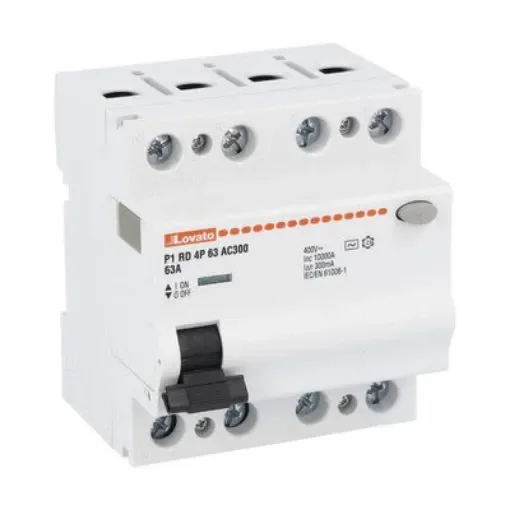Lovato P1RD Residual Current Circuit Breaker, 63A, 4 Pole, 300mA, Type AC, 230 V ac, 400 V ac - P1RD4P63AC300 product image