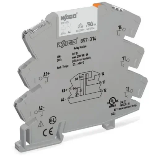 WAGO 857 Series Relay Module, DIN Rail Mount, 24V dc Coil, SPDT, 1-Pole, 6A Load - 857-314 product image