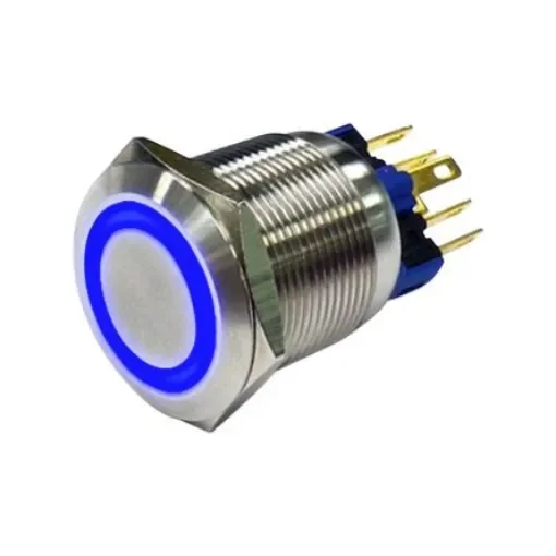 RND RND 210 Series Illuminated Vandal Proof Push Button Switch, Latching, Panel Mount, 19mm Cutout, 1NC, 1NO, Blue LED, - RND 210-00412 product image