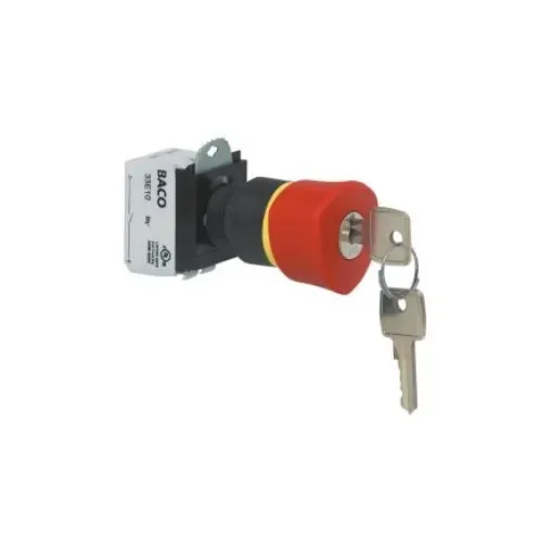 BACO L22GR Series Latching Emergency Stop Push Button, 22mm Cutout, 1 NO + 1 NC, IP66 - L22GR01B product image