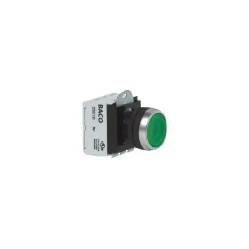 BACO L21 Series Illuminated Push Button Switch, Screw Mount, 22mm Cutout, Green LED, 24V, IP66, IP69K - L21AH50L product image