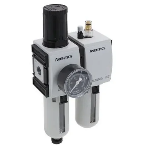 EMERSON ? AVENTICS G 3/8 Filter Regulator Lubricator, Semi Automatic Drain, 5µm Filtration Size - With Pressure Gauge - R412007298 product image