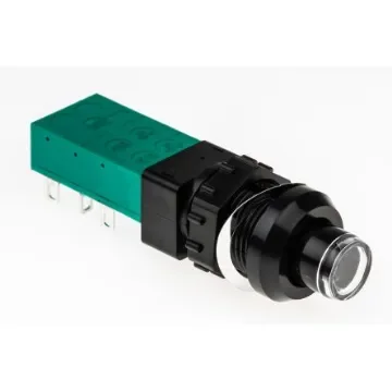 C & K Push Button Switch, Latching, Panel Mount, 14mm Cutout, DPDT, 250V ac - ZNE18 FA200 BK GN 2U EE L product image