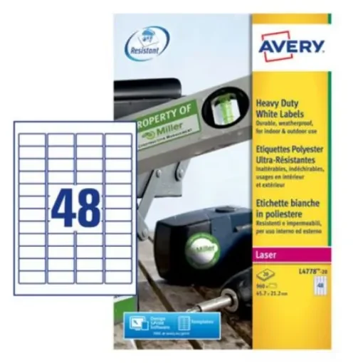 Avery White Adhesive High Visibility Label Sheet, Pack of 20Sheets - L4778-20 product image