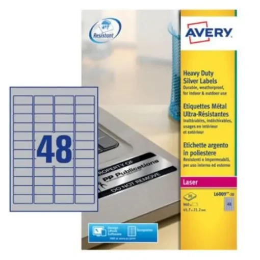 Avery Silver Adhesive High Visibility Label Sheet, Pack of 20Sheets - L6009-20.UK product image
