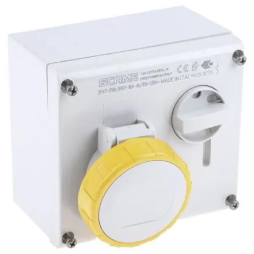 Scame Right Angle Switchable IP66, IP67 Industrial Interlock Socket 2P+E, Earthing Position 4h, 16A, 130 V - 505.1670 product image