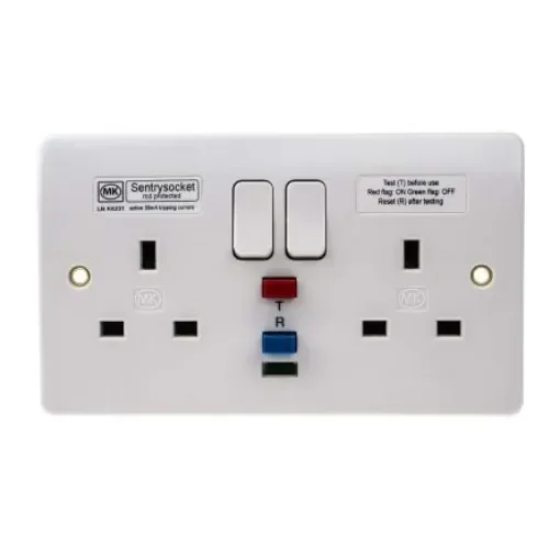 MK Electric Logic Plus 13A, BS Fixing, Active, 2 Gang RCD Socket, Flush Mount , Switched, IP2XD, 240 V ac, White - K6231 WHI product image
