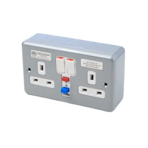 MK Electric 13A, BS Fixing, Active, 2 Gang RCD Socket, Steel, Surface Mount , Switched, 250 V ac, Grey - K6231 ALM product image