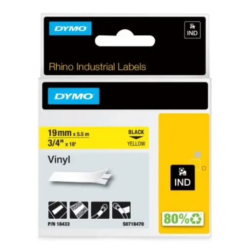Dymo Black on Yellow Label Printer Tape, 5.5 m Length, 19 mm Width - 18433 product image