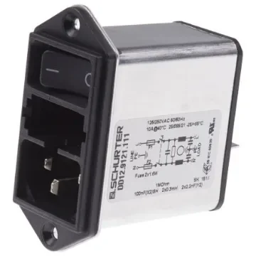 Schurter 10A, 250 V ac Male Panel Mount Filtered IEC Connector 2 Pole DD12.9121.111, Quick Connect Terminals 6.3 x 0.8 product image
