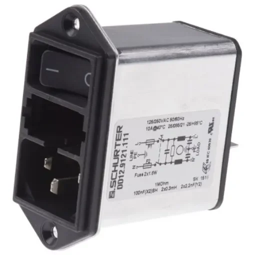 Schurter 10A, 250 V ac Male Panel Mount Filtered IEC Connector 2 Pole DD12.9121.111, Quick Connect Terminals 6.3 x 0.8 product image