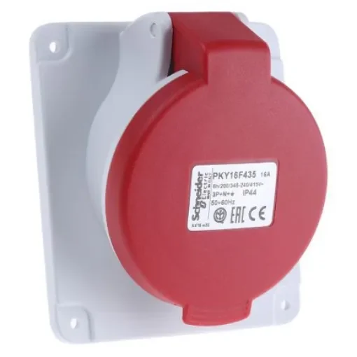 Schneider Electric, PratiKa IP44 Red Panel Mount 3P + N + E Right Angle Industrial Power Socket, Rated At 16A, 415 V - PKY16F435 product image