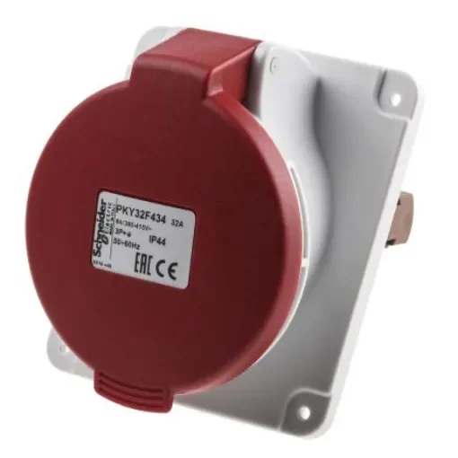 Schneider Electric, PratiKa IP67 Red Panel Mount 3P + E Right Angle Industrial Power Socket, Rated At 32A, 415 V - PKY32F434 product image