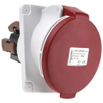 Schneider Electric, PratiKa IP44 Red Panel Mount 3P + N + E Right Angle Industrial Power Socket, Rated At 32A, 415 V - PKY32F435 product image