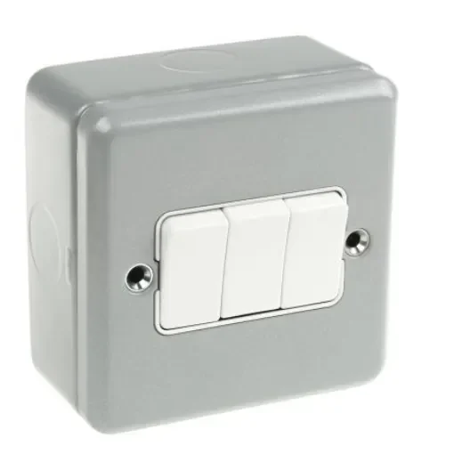MK Electric Silver Metal Clad Switch, 2 Way, 3 Gang, Metalclad - K3593 ALM product image
