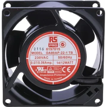 RS PRO Axial Fan, 230 V ac, AC Operation, 51m³/h, 12W, 60mA Max, 80 x 80 x 38mm - 6197015 product image