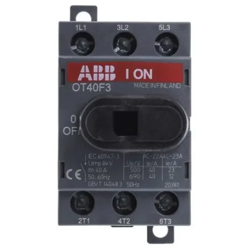 ABB 3P Pole DIN Rail Non Fused Isolator Switch - 40A Maximum Current, 11kW Power Rating, IP20 - OT40F3  1SCA104902R1001 product image
