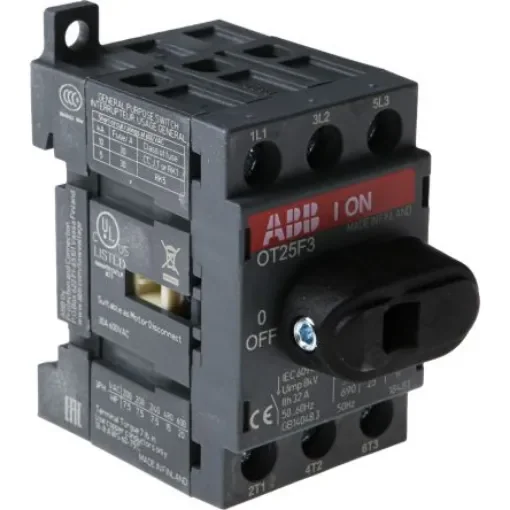 ABB 3P Pole DIN Rail Non Fused Isolator Switch - 25A Maximum Current, 9kW Power Rating, IP20 - OT25F3  1SCA104857R1001 product image