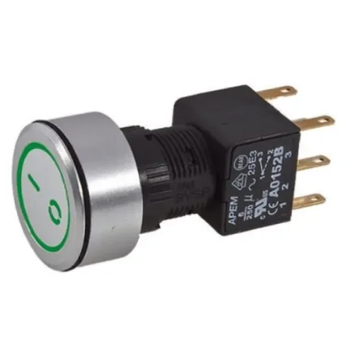 APEM Illuminated Push Button Switch, Latching, Panel Mount, 16mm Cutout, DPDT, Green LED, 250V ac, IP65 - A1PCA1X250J203 product image