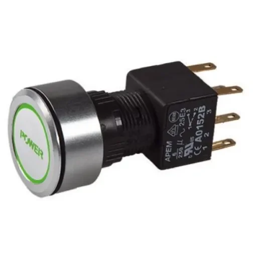 APEM Illuminated Push Button Switch, Latching, Panel Mount, 16mm Cutout, DPDT, Green LED, 250V ac, IP65 - A1PCA1X249J203 product image