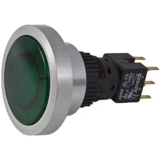 APEM Illuminated Push Button Switch, Momentary, Panel Mount, 30mm Cutout, DPDT, Green LED, IP65 - A9PFA1Y2EJ2 product image