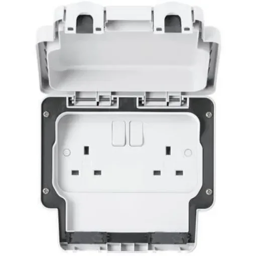 MK Electric White 2 Gang Plug Socket, 2 Poles, 13A, Type G - British, Outdoor Use - K56482WHI product image