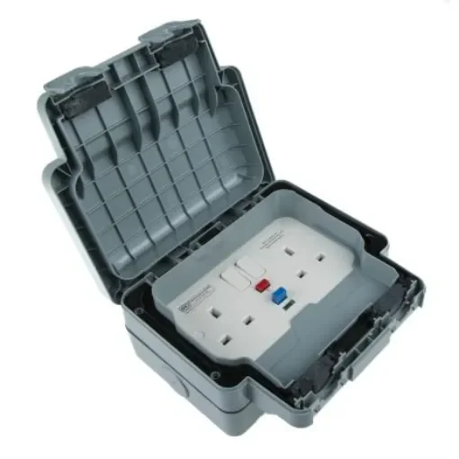 MK Electric Masterseal plus 13A, BS Fixing, Active, 2 Gang RCD Socket, Polycarbonate, IP66, Grey - K56231GRY product image